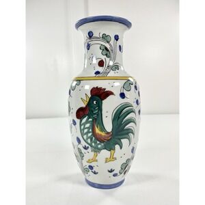 Vintage Italian Deruta Style Rooster Vase Hand Painted Porcelain Floral 12" Tall